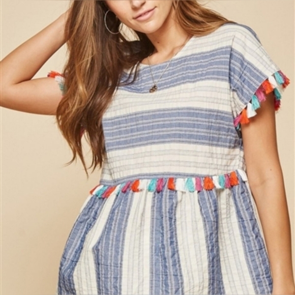 ANDREE by UNIT Boho Pom Pom Tassel Striped Linen Baby Doll Top Small - Picture 1 of 7